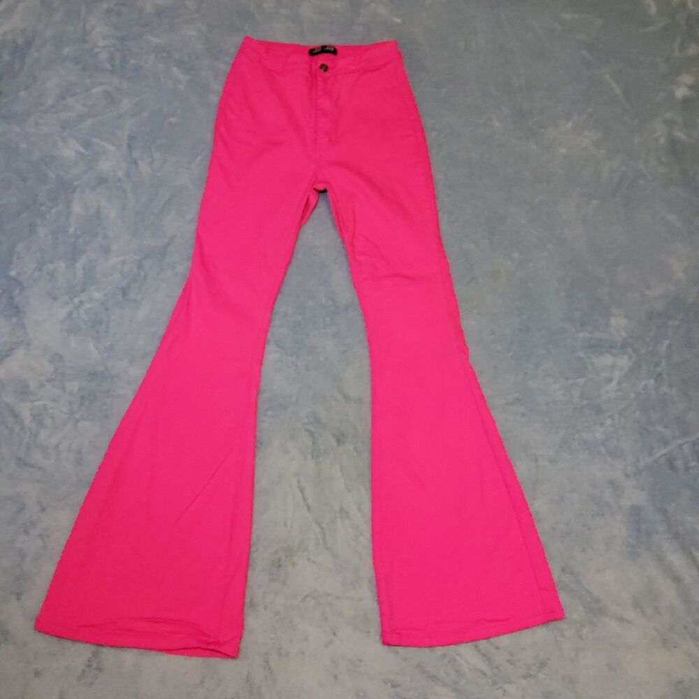 JC & JQ Women Large Hot Pink Bell Bottom Jeans Stretch Retro Flare ***FLAW***
